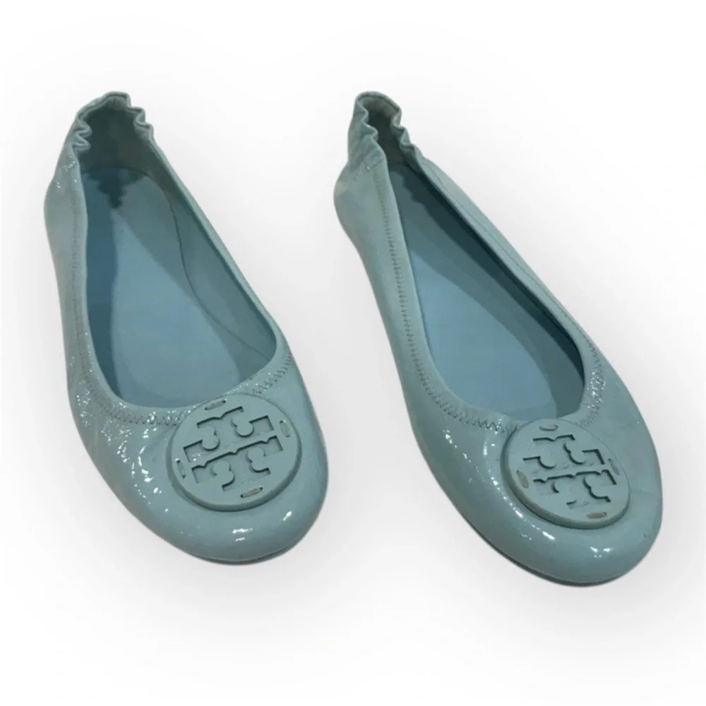 Tory Burch 11M, Minnie Travel Ballet Flats, AUDREY BLUE Crinkle Metallic Leather